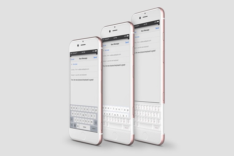 Process of sliding out from iOS touch keyboard to QWERTY backlit keyboard